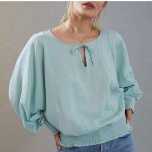 Anthropologie Rebecca Long Sleeve Smocked Waist Peasant Top Mint Green Size XS